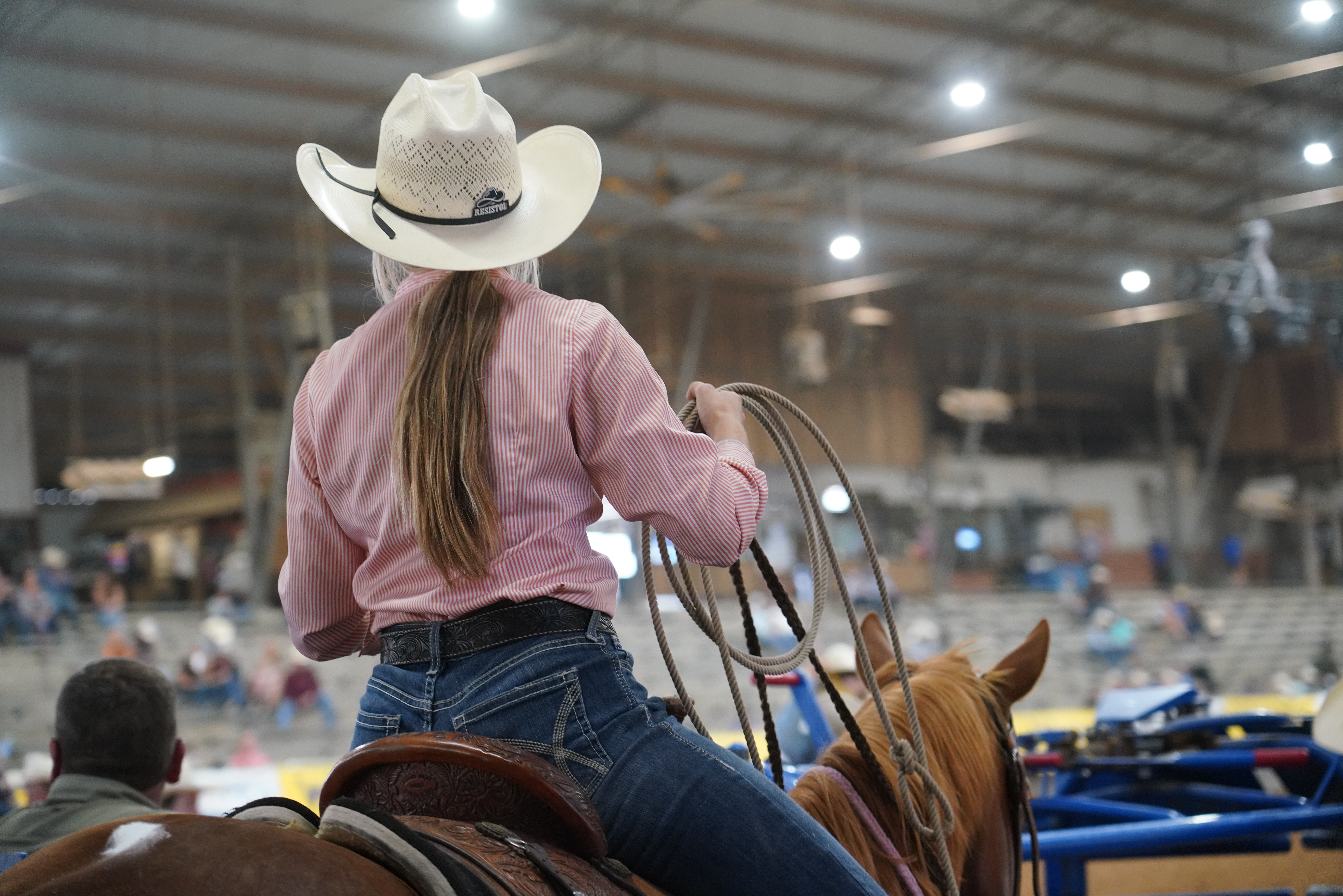 A breakaway roper prepares to rope at a rodeo.