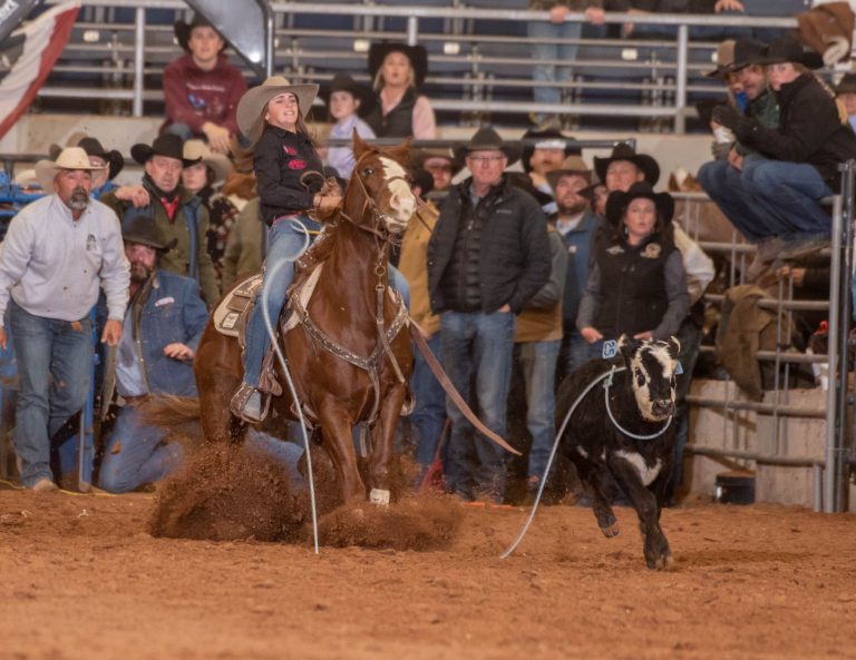 Emilee Charlesworth ropes a calf in the breakaway roping at the Roping Futurities of America.