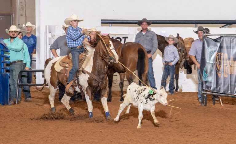Bronc Evans roping a calf to win the 12 And Under Breakaway at the 2023 USTRC National Finals Breakaway Championships.